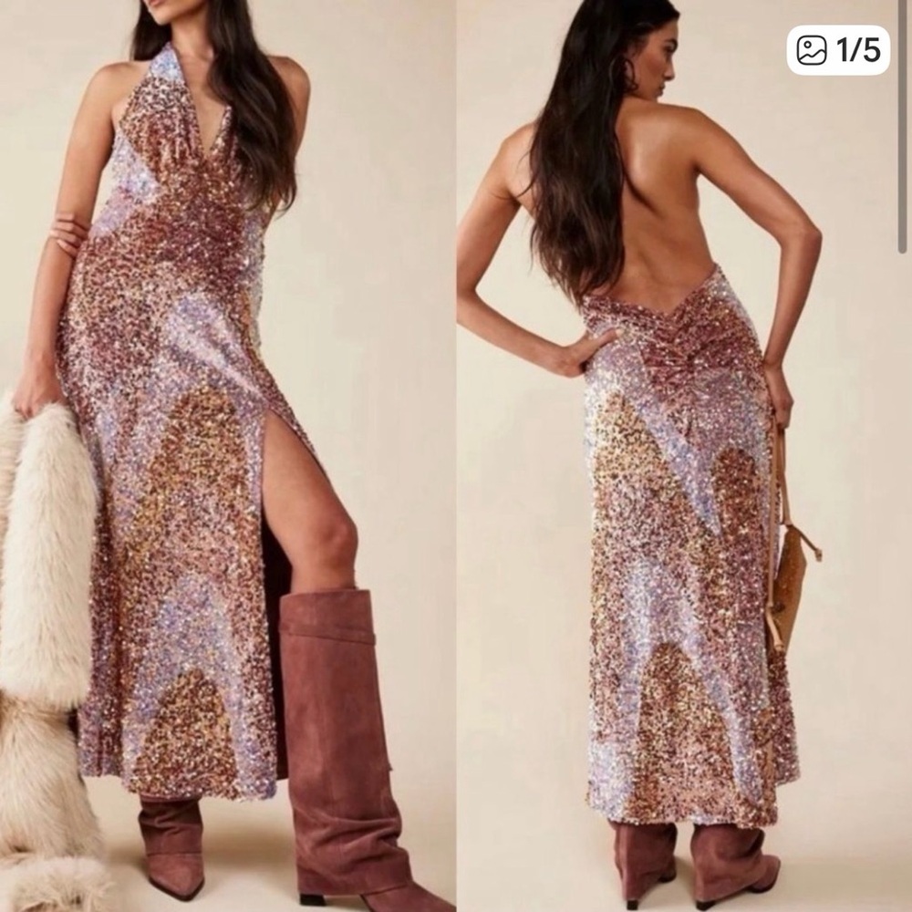 NWT Free People Pink and Gold Sequin Midi/Maxi Halter Dress - Sz XS